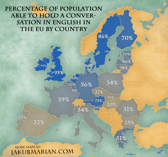 Map of the percentage of people speaking English in the EU by country