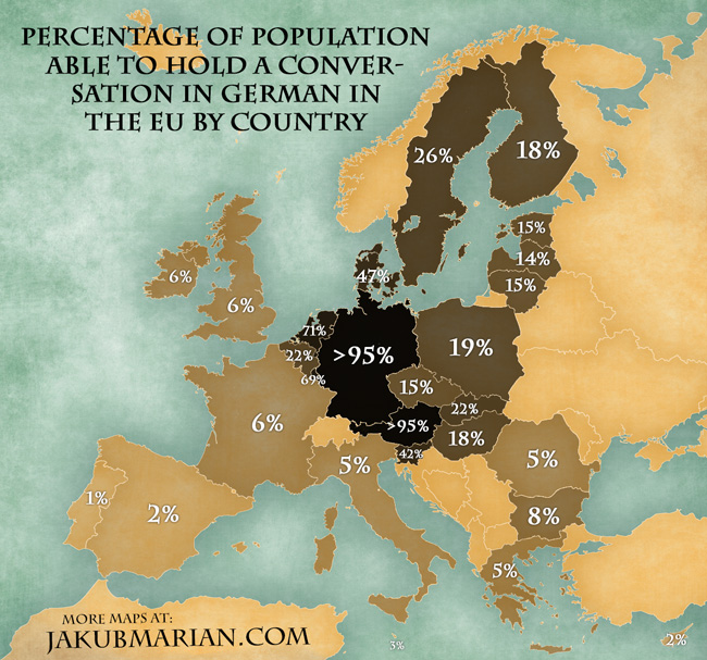 Map Of The Percentage Of People Speaking German In The Eu By Country