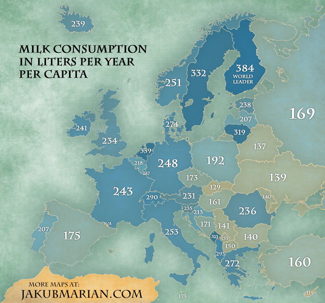 Milk consumption in Europe in liters per year per capita