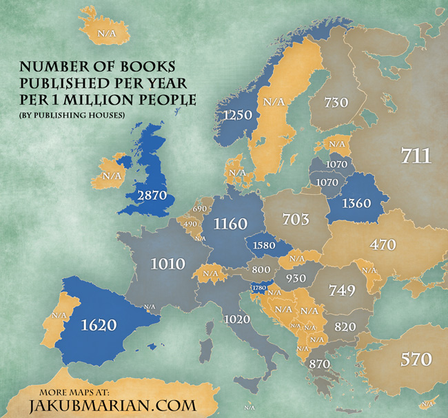 Number of books published per year per capita by country in Europe
