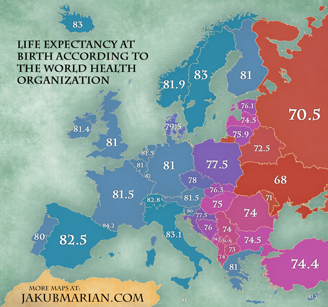 Map of life expectancy in Europe