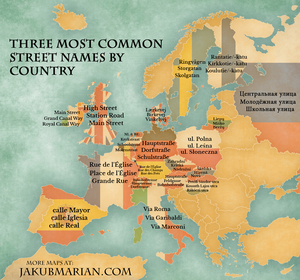 Map Of Europe Named Most Common Street Names By Country In Europe