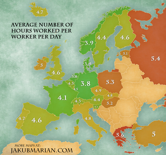 Average hours worked per day by country in Europe (map) [650x596] r