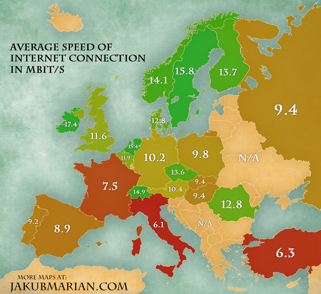 Average Internet connection speed by country in Europe