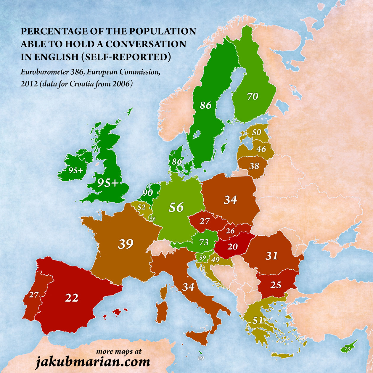 Map Of The Percentage Of People Speaking English In The Eu By Country