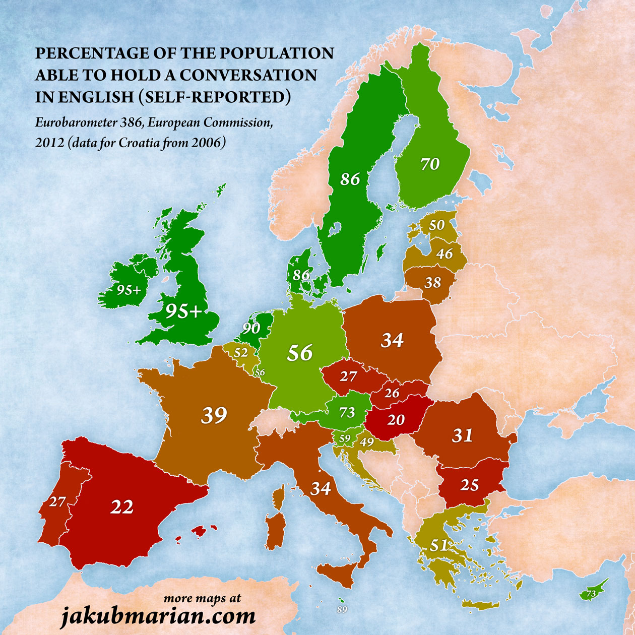 Map of the percentage of people speaking English in the EU ...