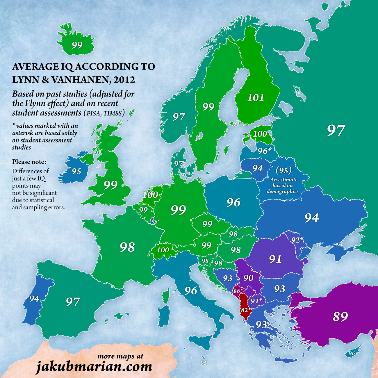 Average IQ In Europe By Country map 
