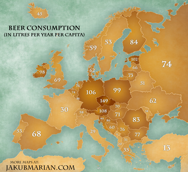 Beer consumption in Europe by country per year per capita (map)