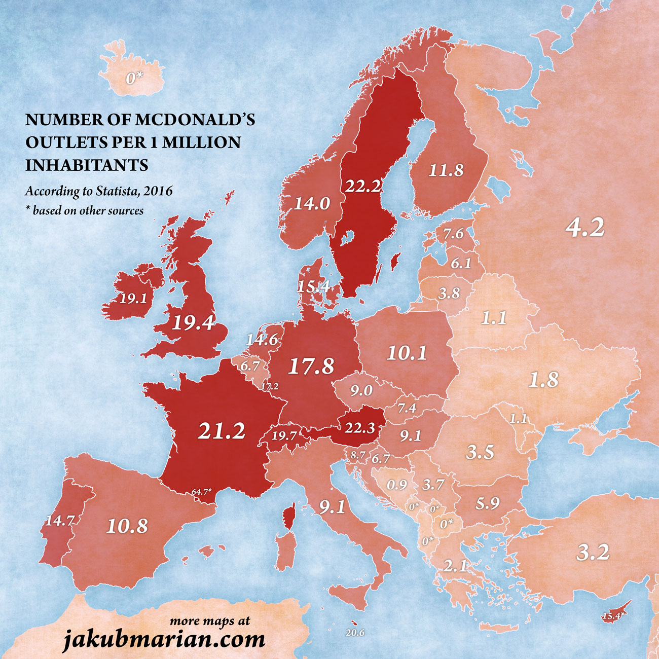 Number Of Mcdonald S Outlets Per 1 Million People In Europe By Country