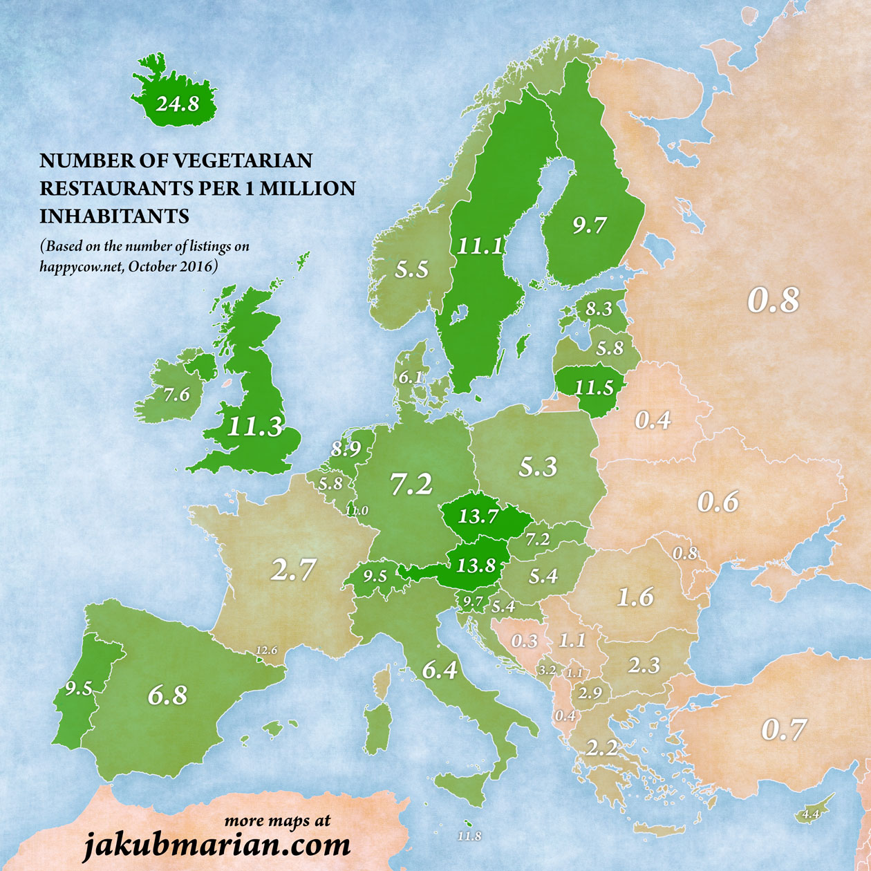 Number of vegetarian restaurants per 1 million inhabitants