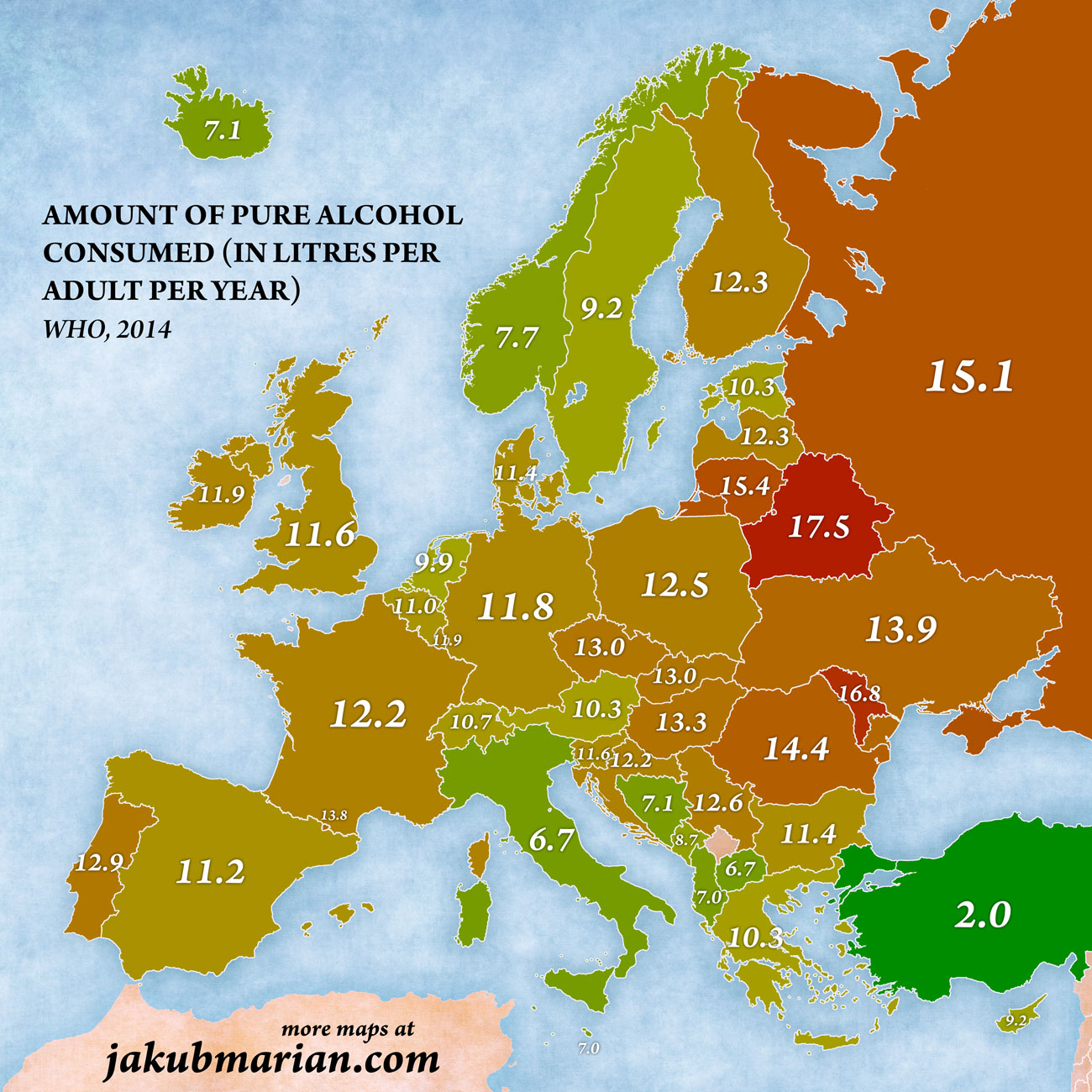 Amount Of Alcohol Consumed Per Capita By Country In Europe Map