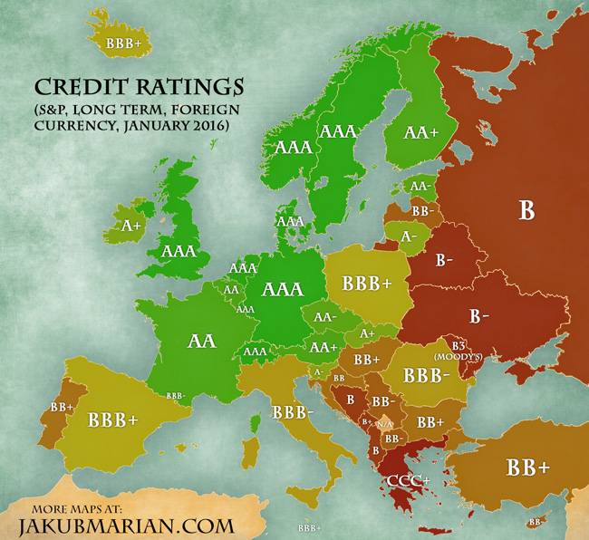 Map Of Europe 2016 Credit Ratings By Country In Europe 2016