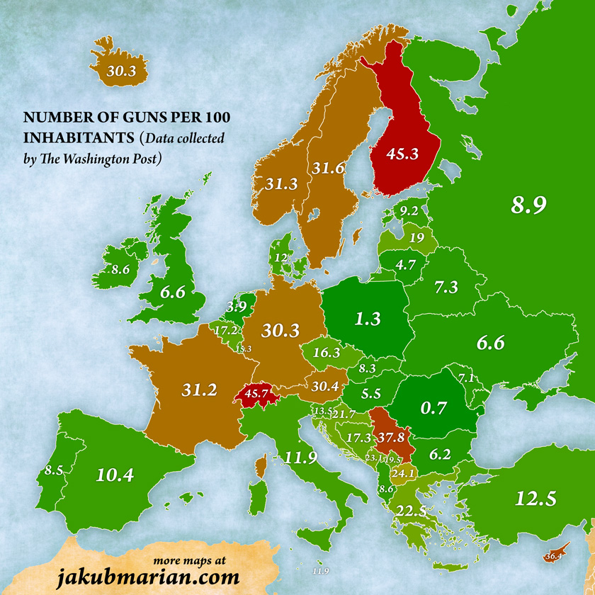 Armas por 100.000 habitantes en Europa y Suiza.