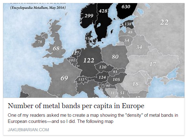 Number of metal bands on Encyclopaedia Metallum by country [6460x3230] :  r/MapPorn