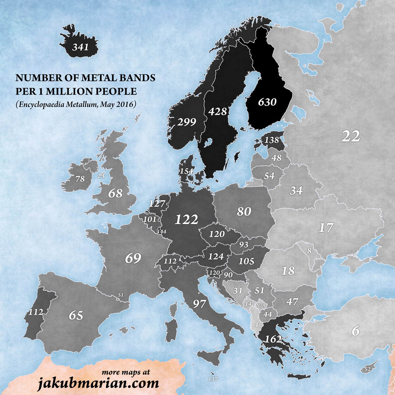 Number of metal bands per capita in Europe