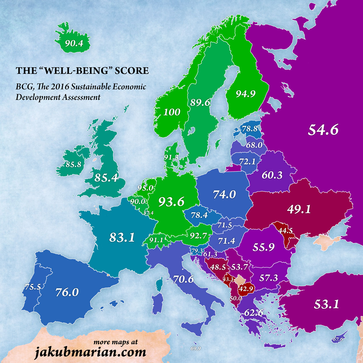 Best countries to live in Europe, 2016 map