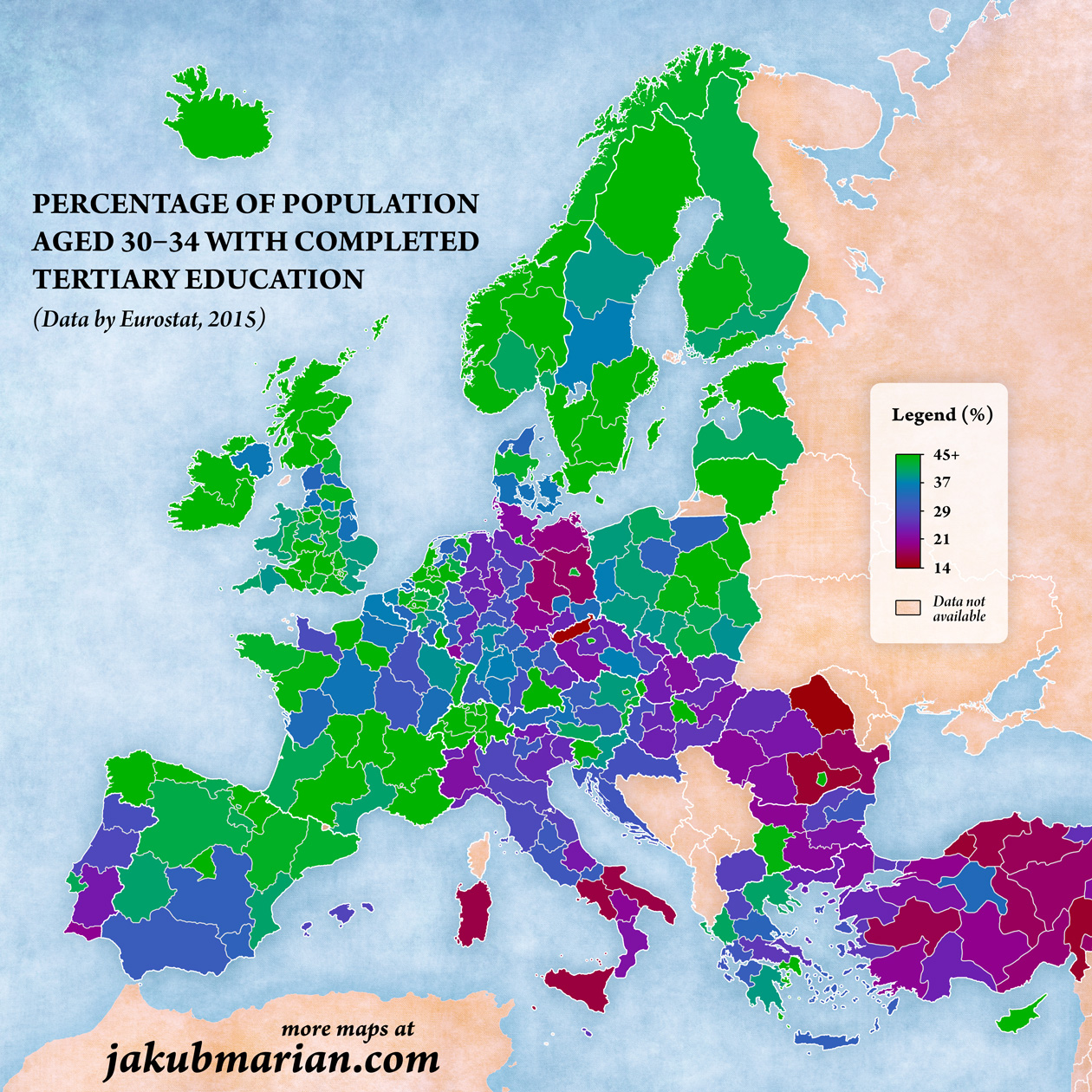 Tertiary education attainment by NUTS 2 region, ages 30–34