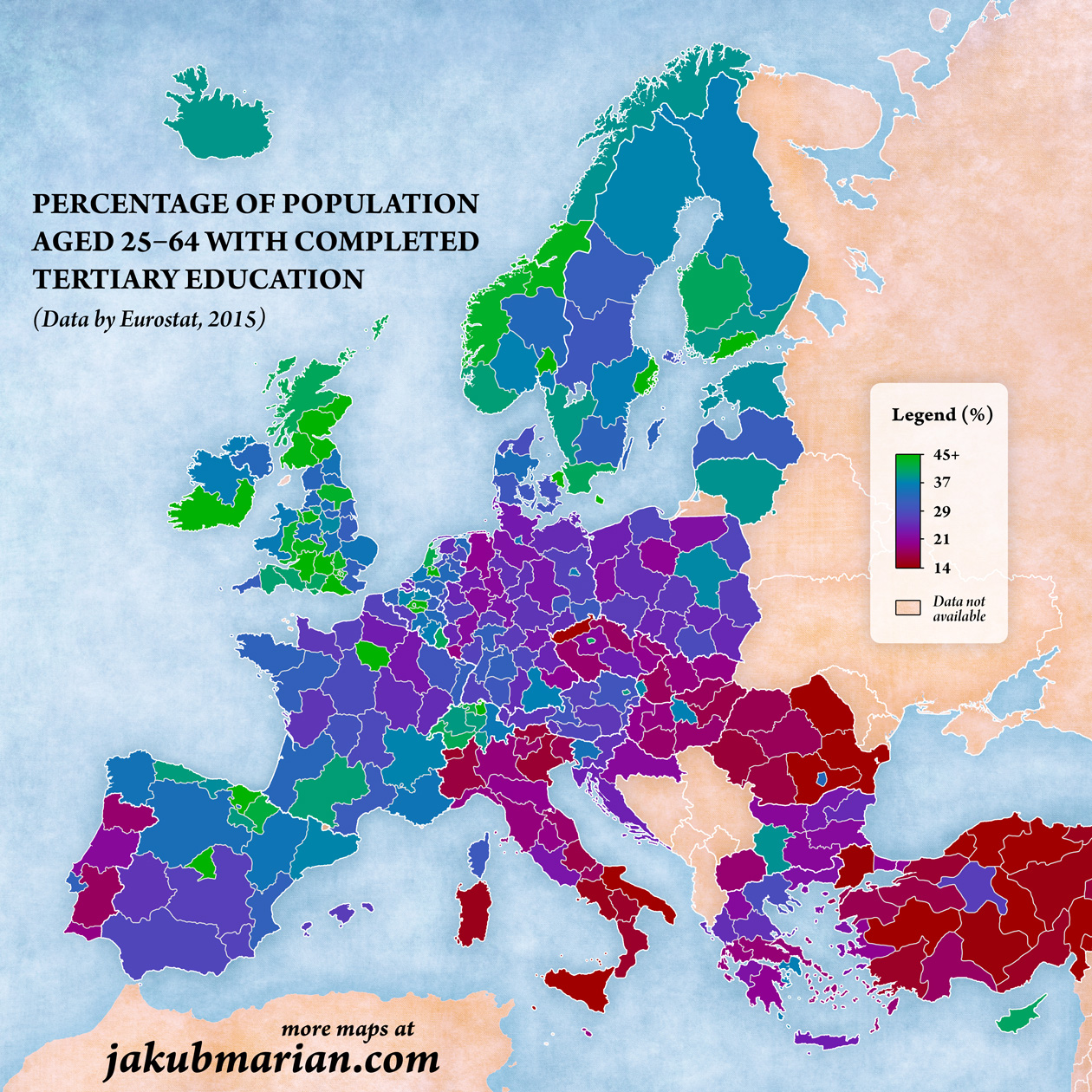 Tertiary education attainment by NUTS 2 region, ages 25–64