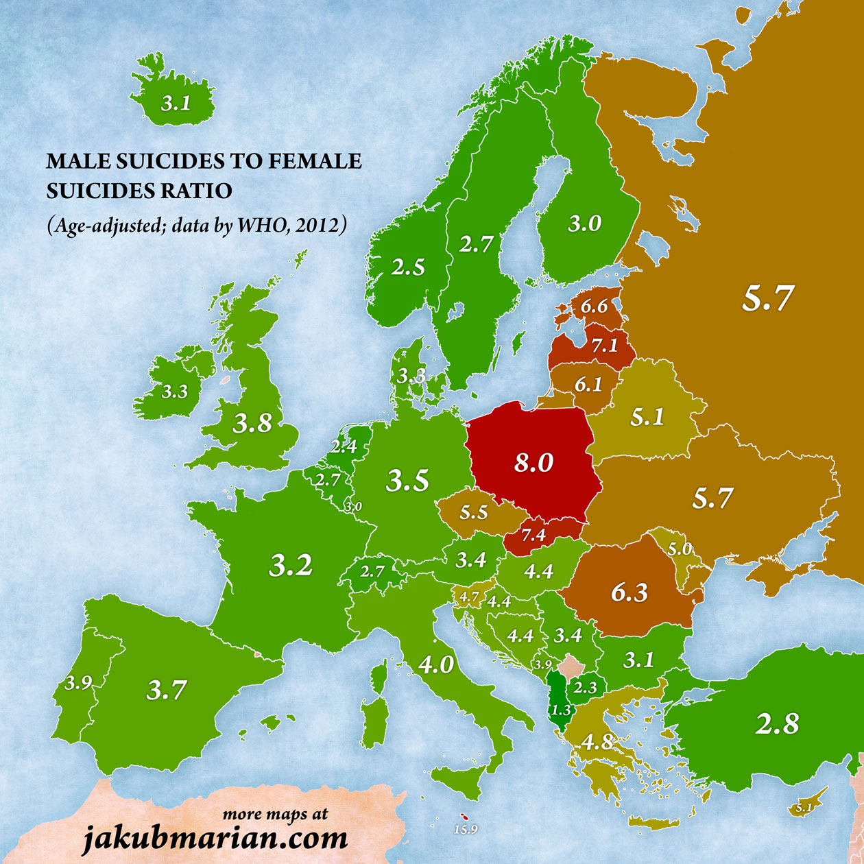 Suicides in Europe male to femal ratio