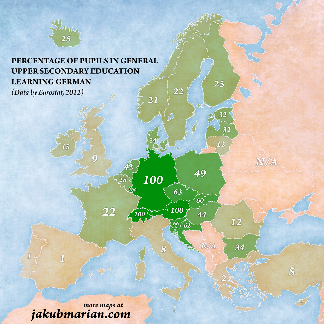 Percentages of pupils learning German in Europe