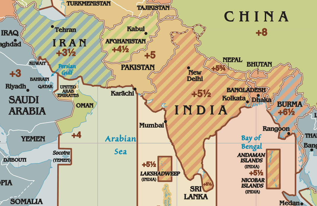 Time zones of India, Iran, Afghanistan, and Nepal