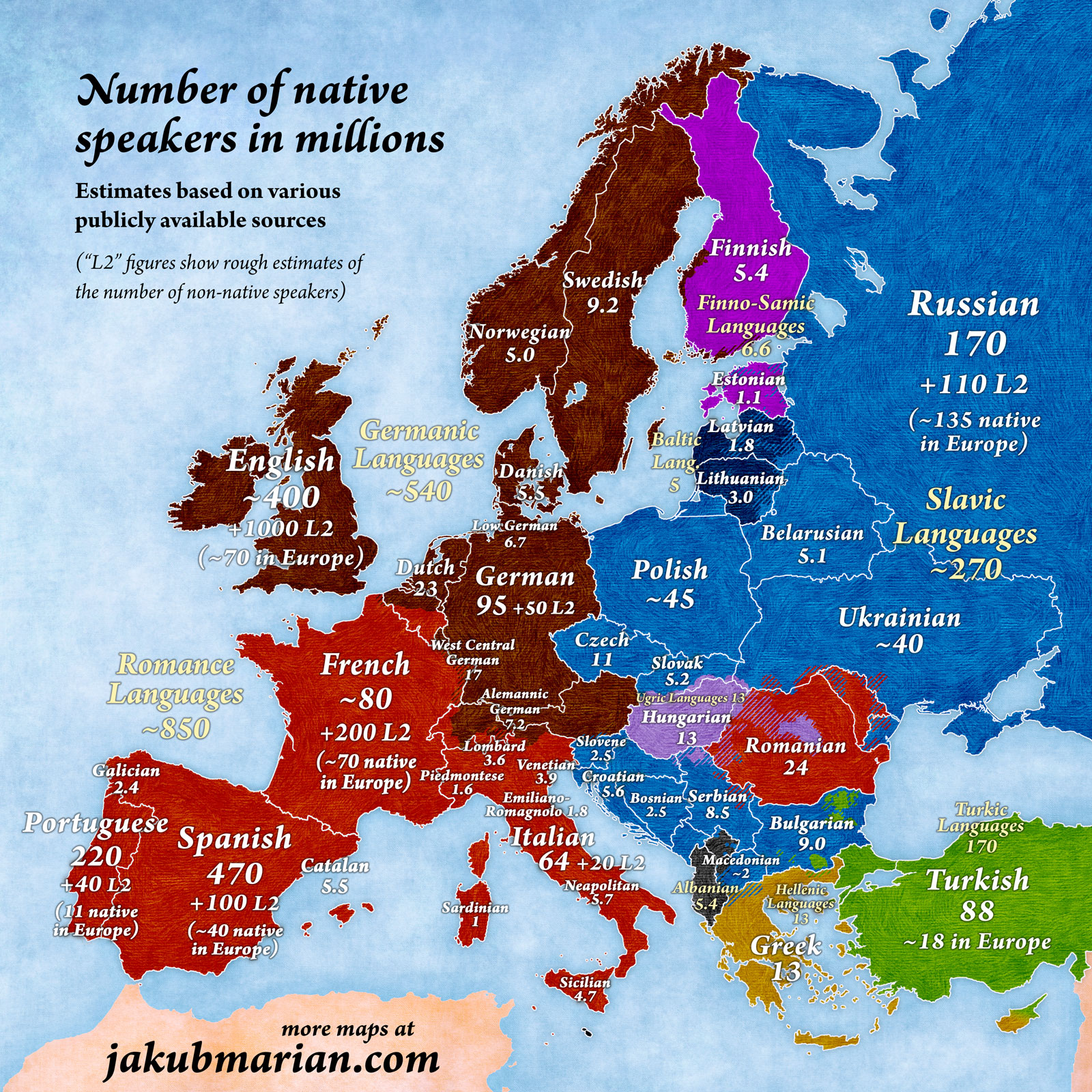 Map of the number of native speakers of European languages