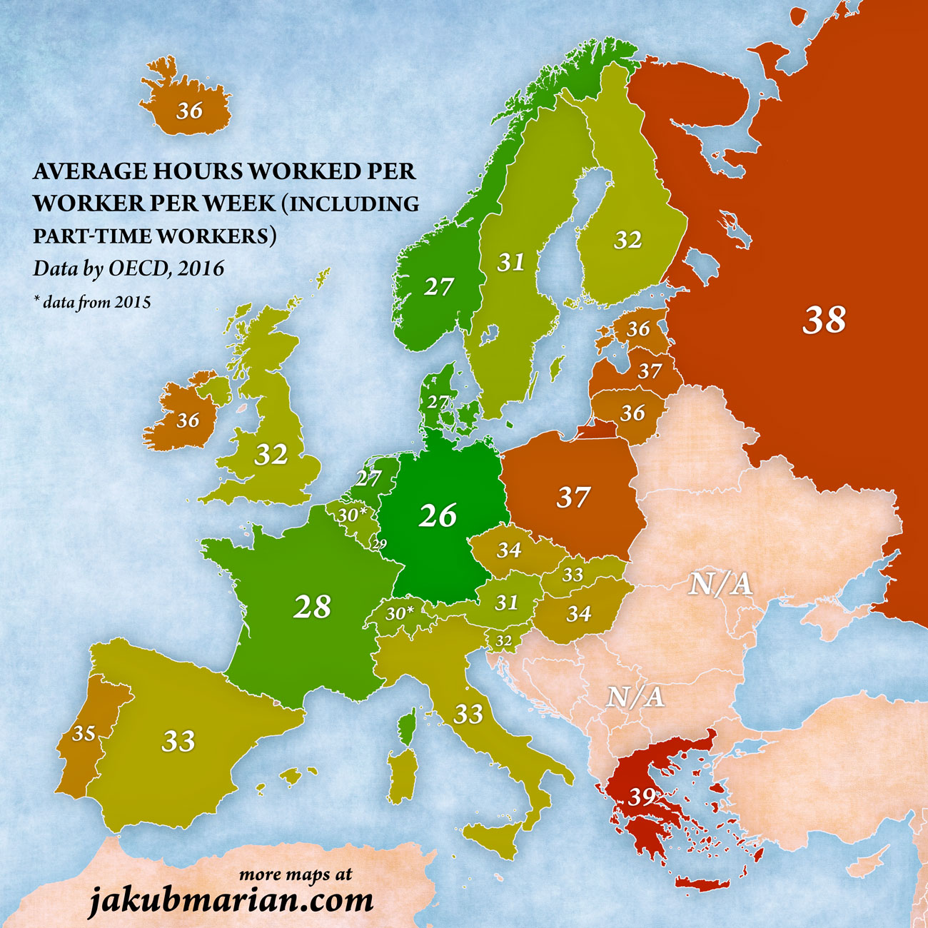 El mapa europeo de las horas semanales que echa cada trabajador