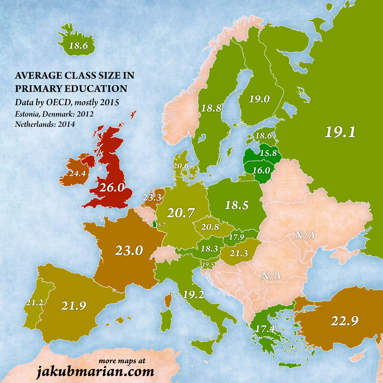 Average class size by country in Europe