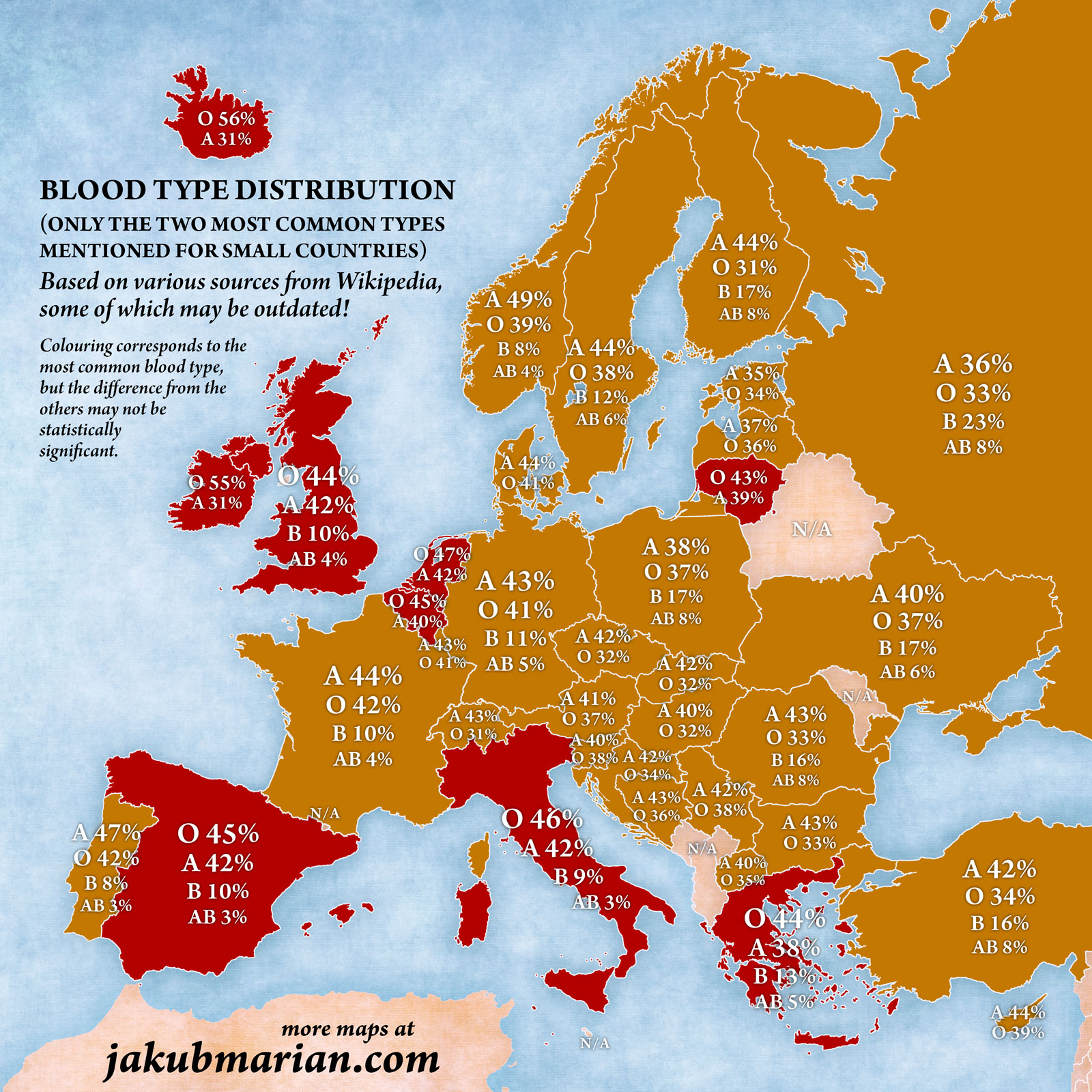 Blood type distribution by country in Europe Map europe