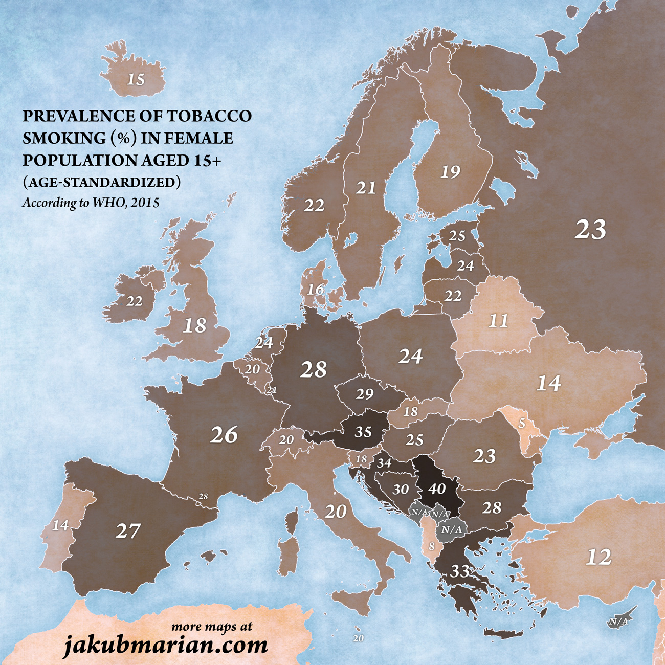 Prevelance of tabacco smoking in male & female population Vivid Maps