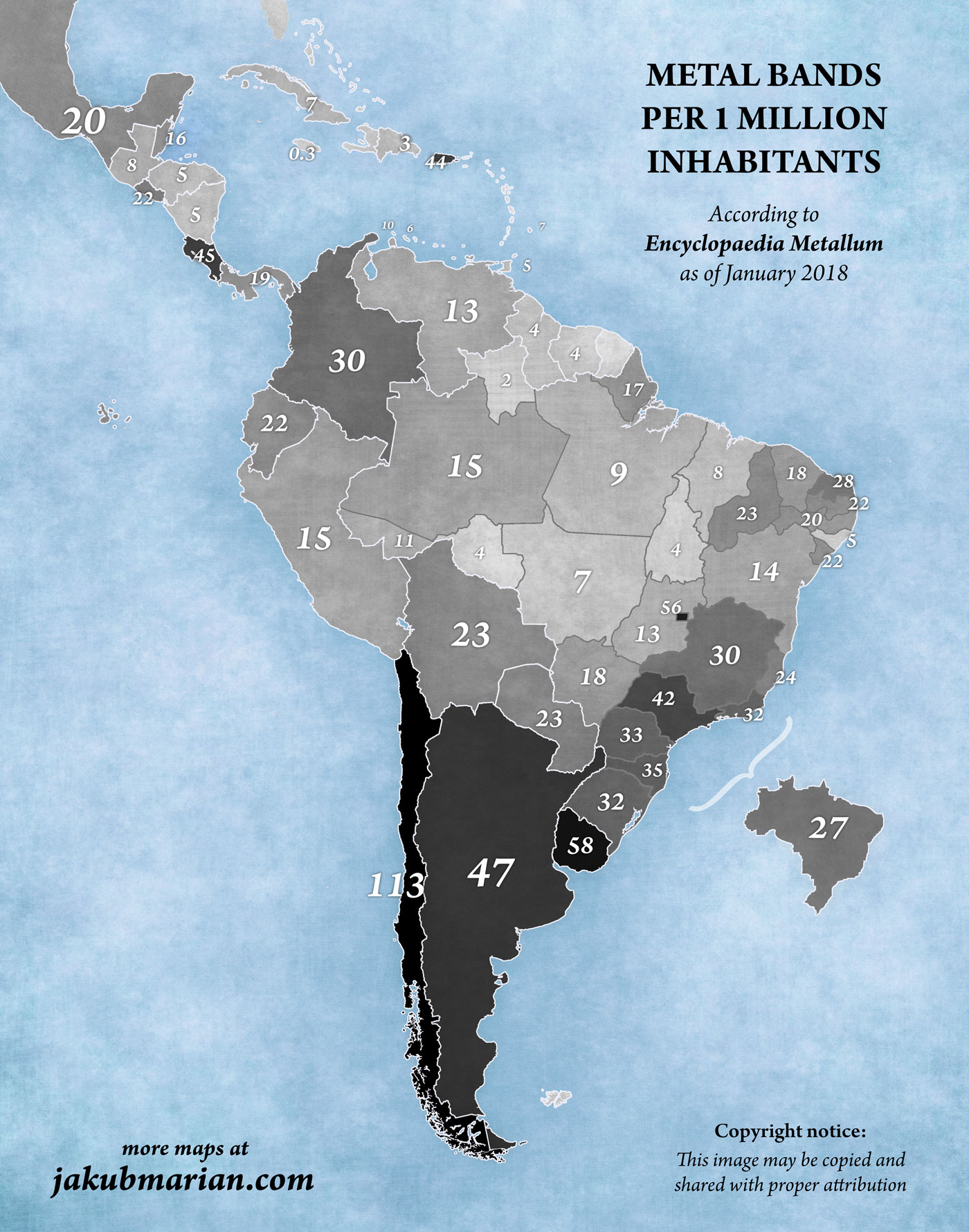 Metal bands per 1 million people