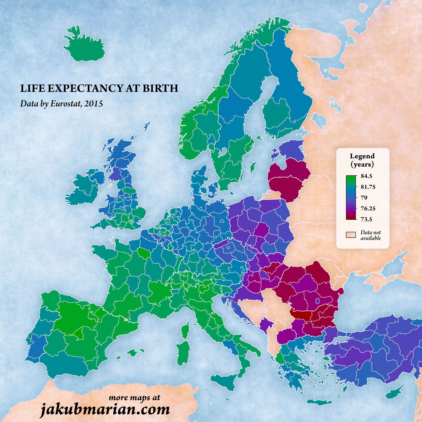 Life expectancy at birth by region in Europe