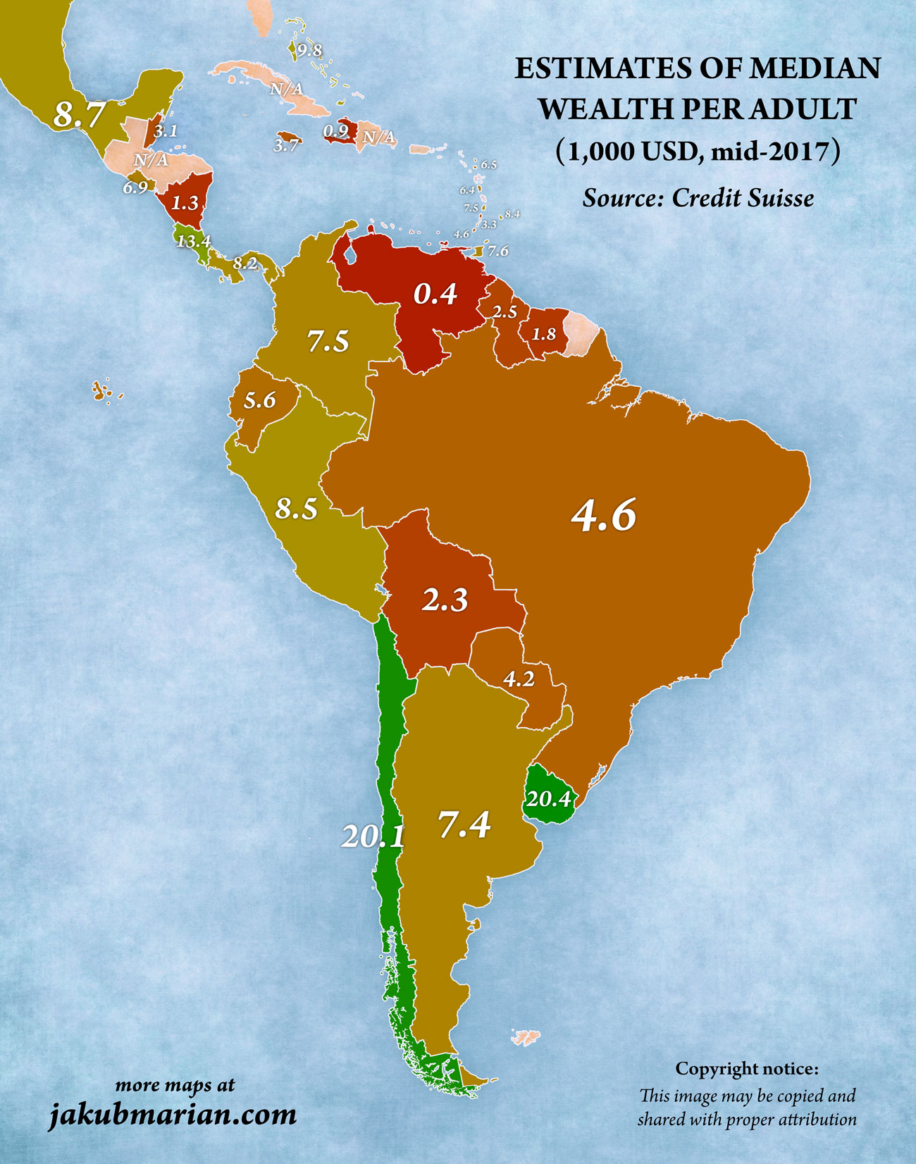 Wealth Per Adult By Country In South And Central America 1539