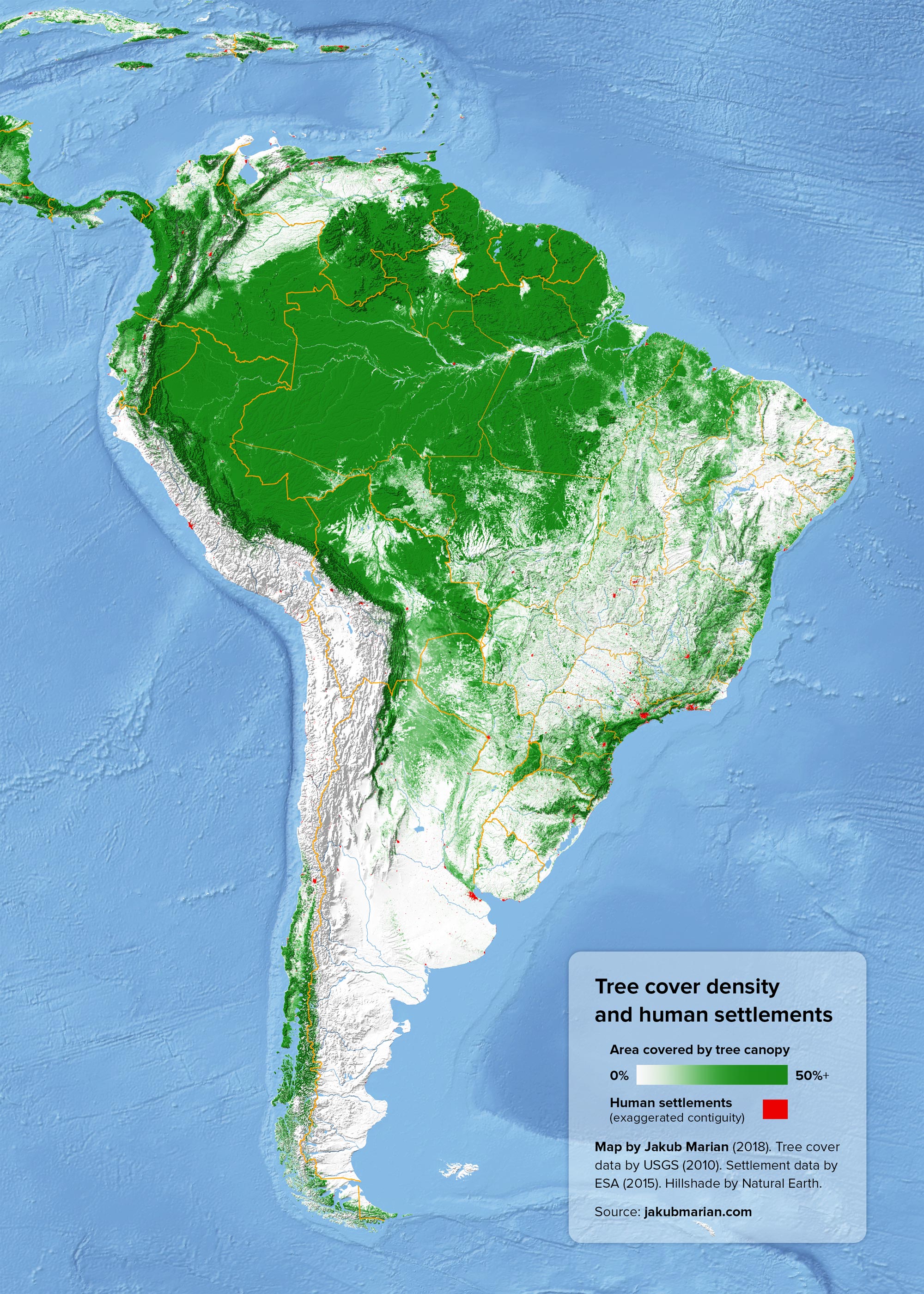 Tree cover and urban areas of South America