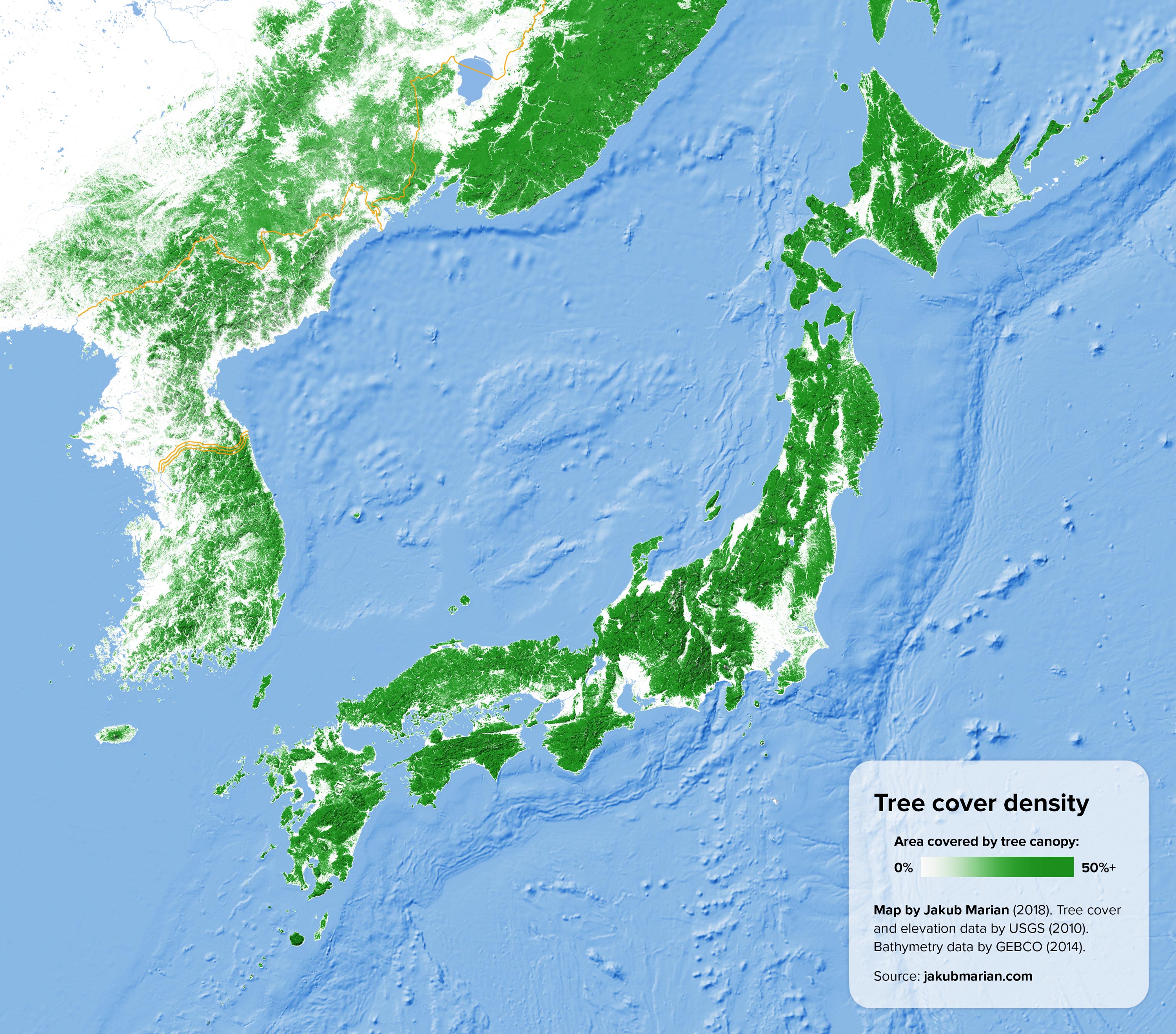 Tree cover of Japan and the Korean peninsula