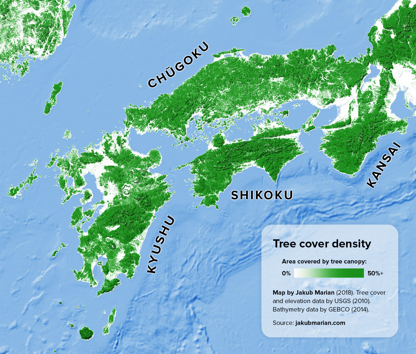 Tree cover of Kyushu, Shikoku, Chugoku, and Kansai