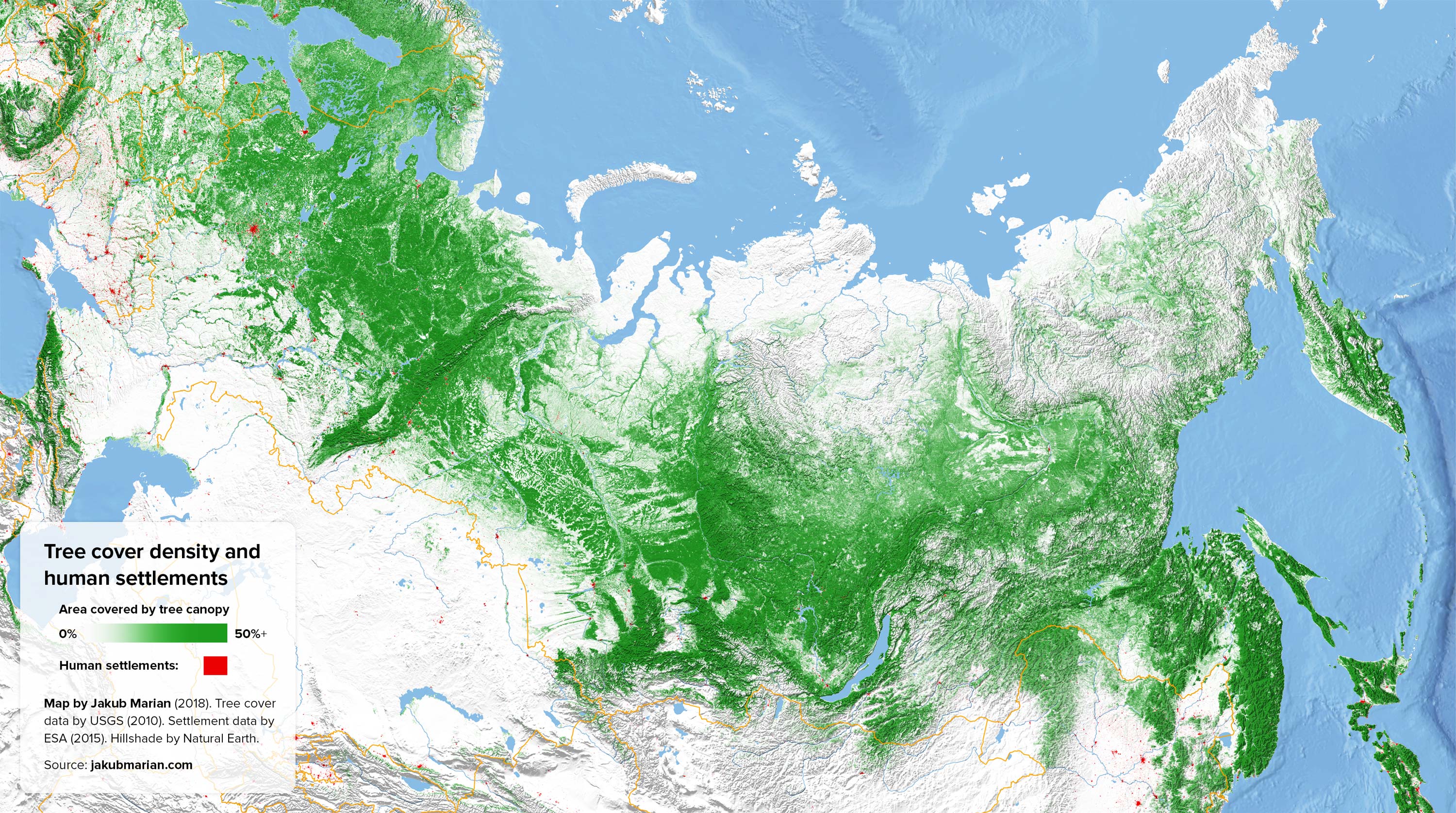 Tree cover and urban areas of Russia