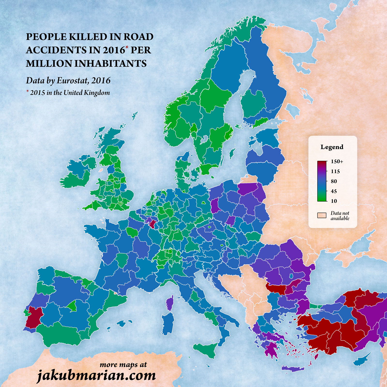 People killed in road accidents by region in Europe