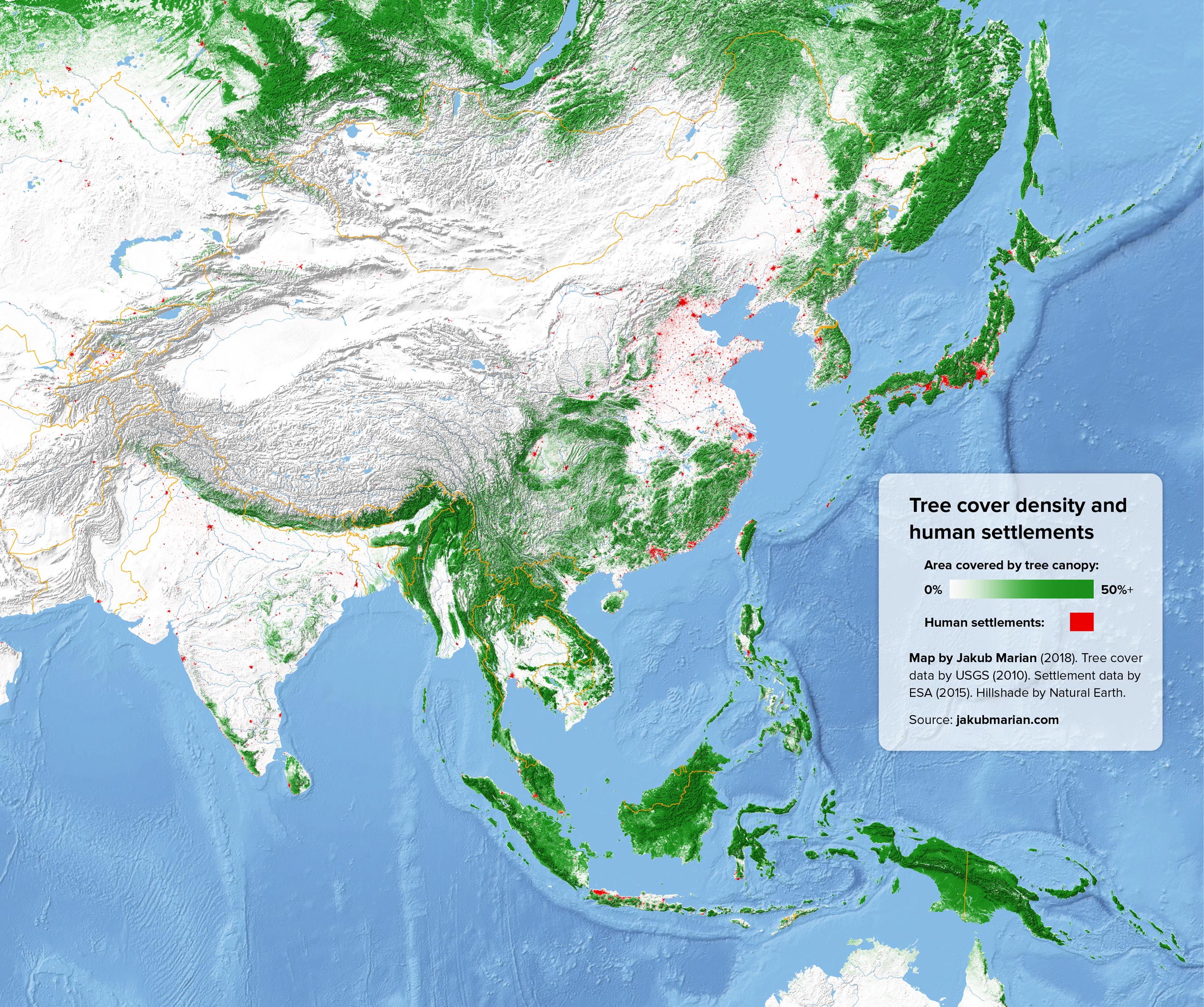 Tree cover and human settlements of South and East Asia