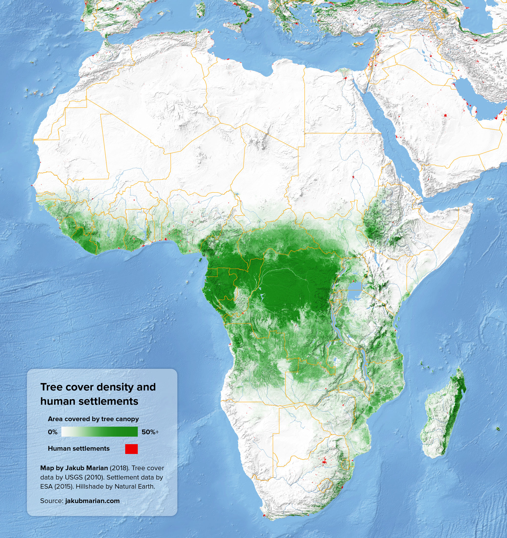 Tree cover and urban areas of Africa