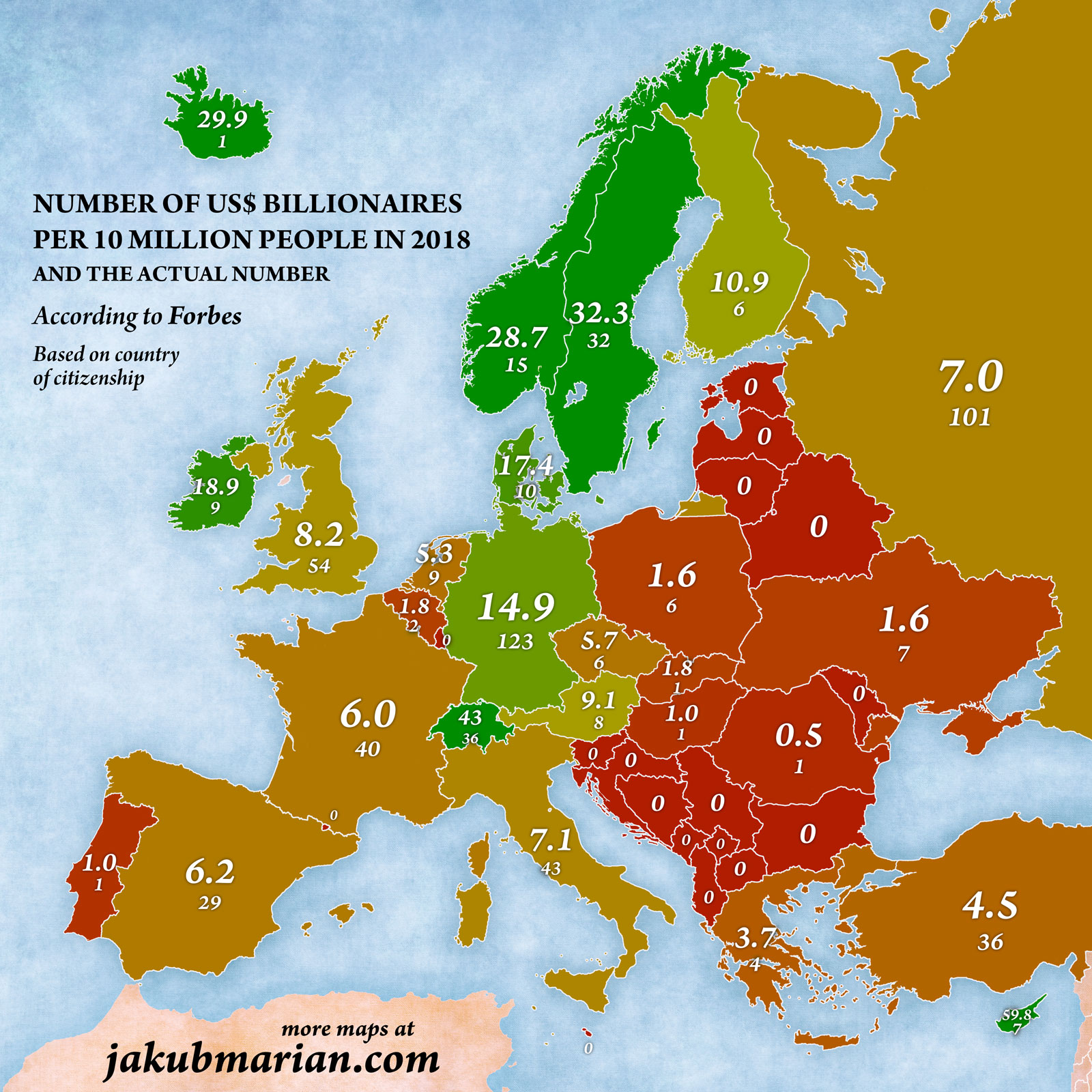 Billionaires per 10 million people