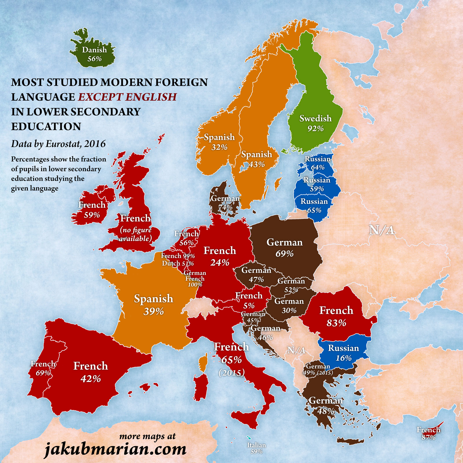 Map Of Lower Europe Most studied foreign languages in lower secondary education in Europe