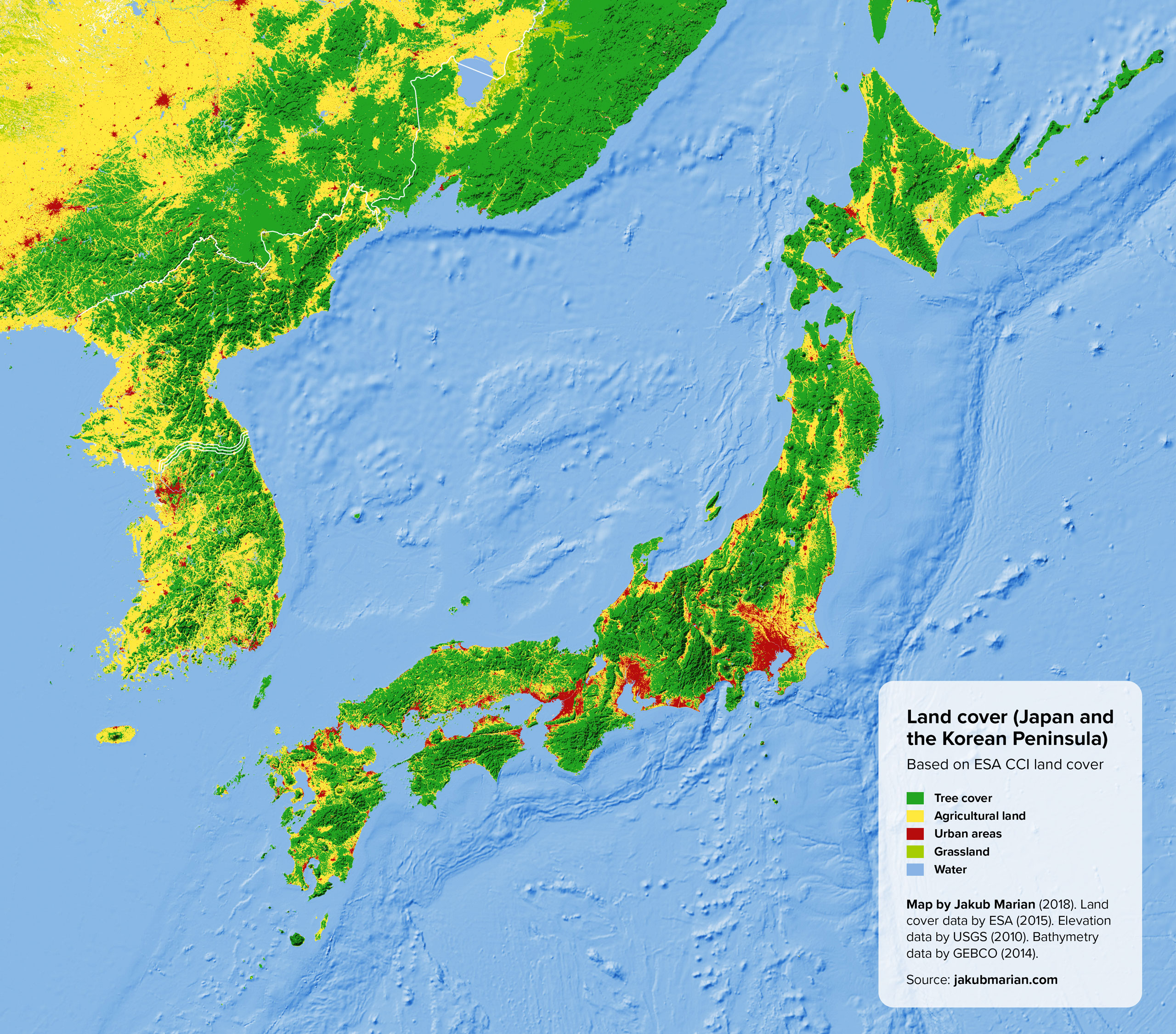 A map that shows land cover - tree cover, agricultural land, urban areas, grassland, and water. Parent source is: jakubmarian.com