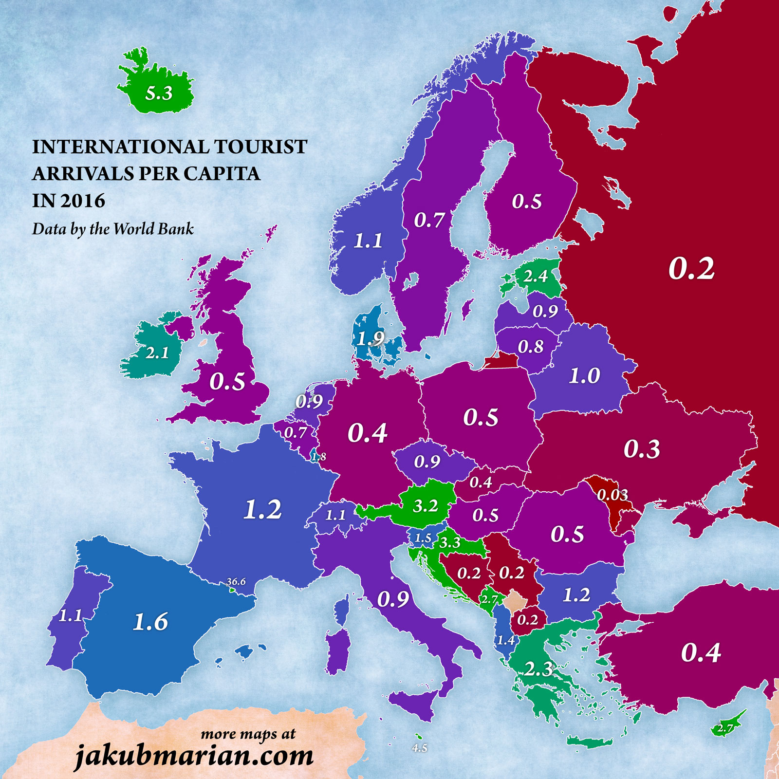 Tourist arrivals per capita in Europe