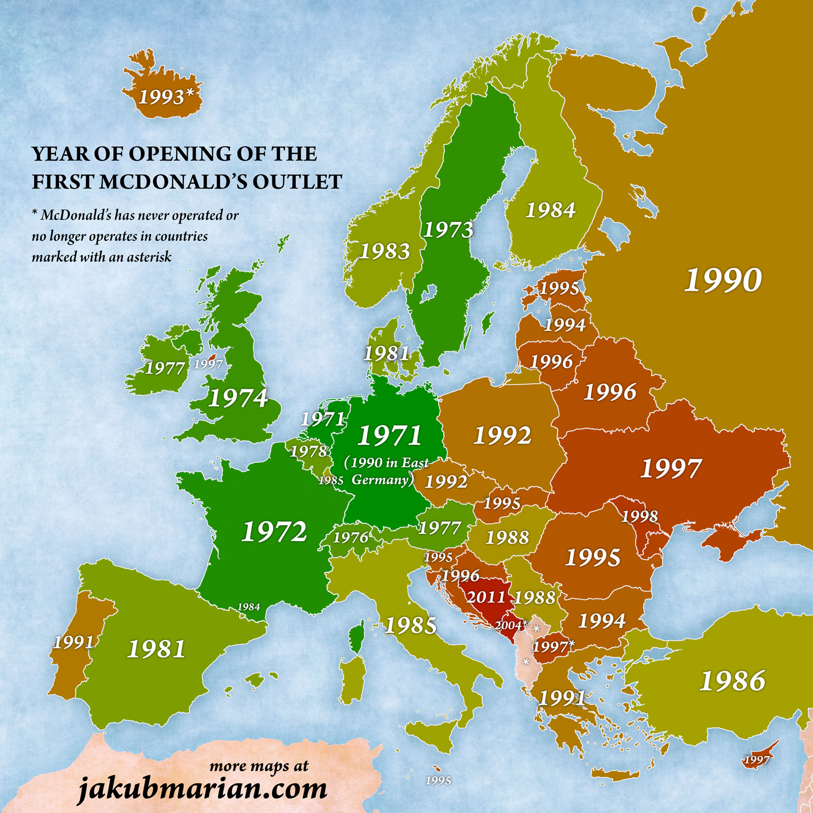 Map Of Countries With Mcdonald S Year Of Opening Of The First Mcdonald's Outlet By Country In Europe