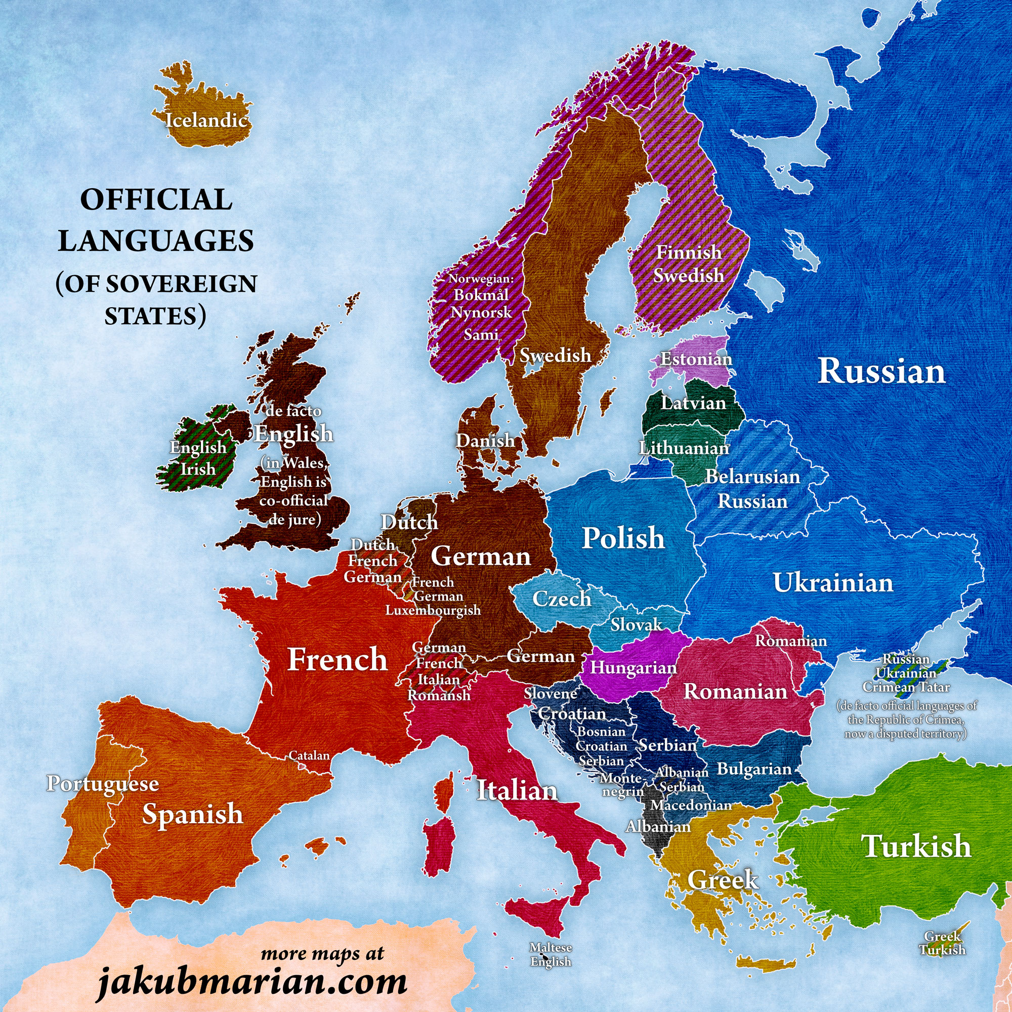Map of Europe showing official languages by country
