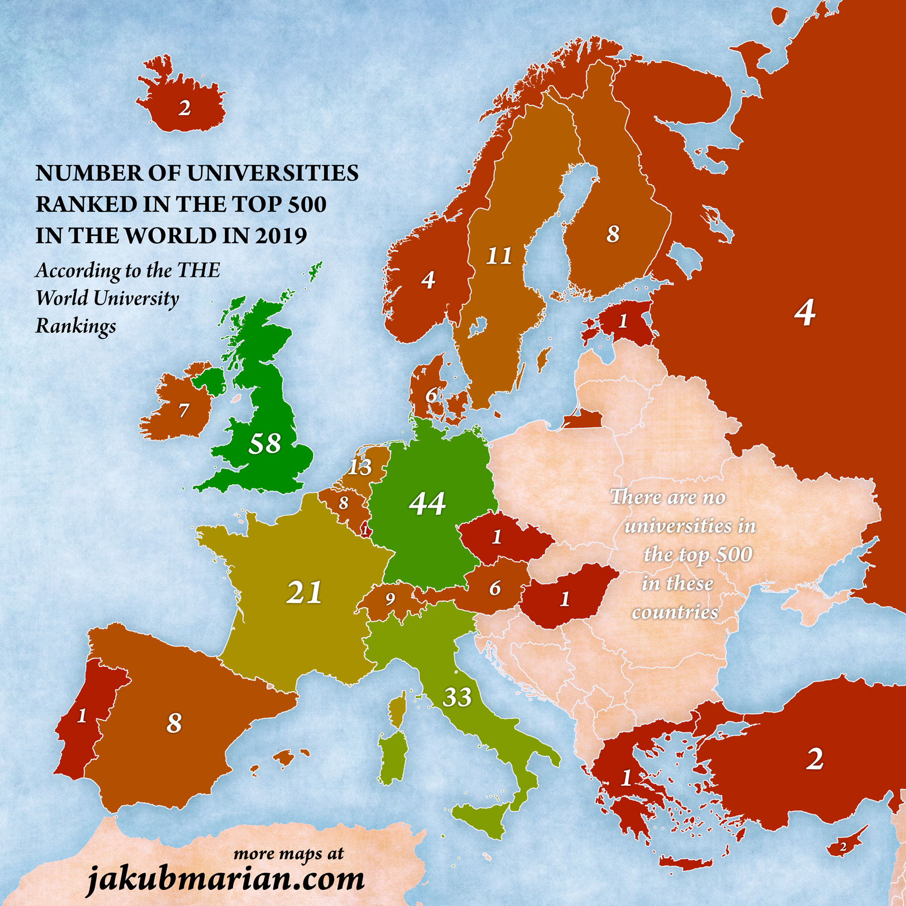 Number of topranked universities by country in Europe